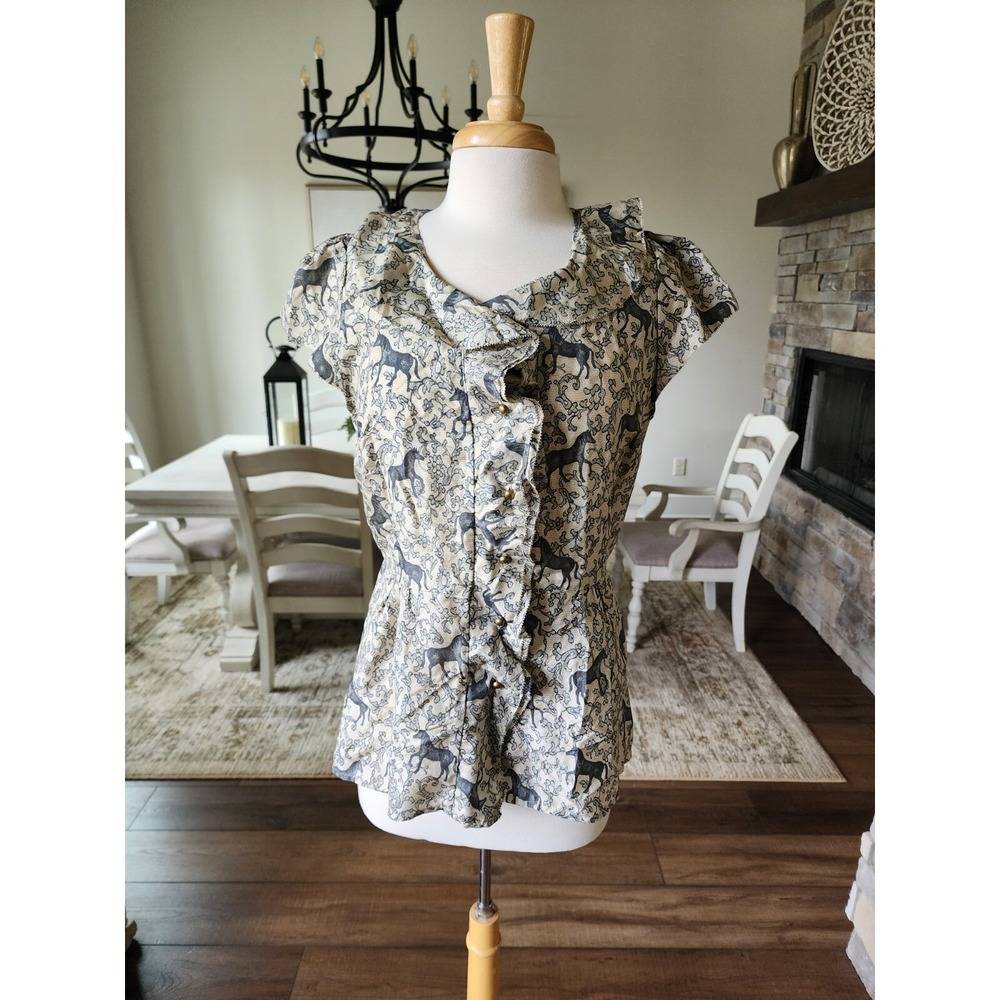 Beige Anthropologie x Vanessa Virginia Horse Print Boho Silk Top Women's Size‎ 4
